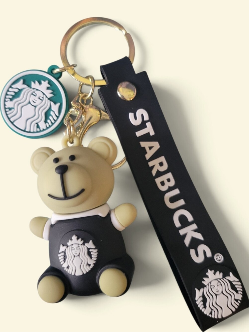 Starbucks Black Strap Beige Bear Keychain Charm
